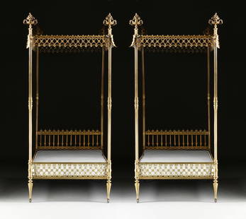 A PAIR OF ENGLISH GOTHIC REVIVAL BRASS TESTER BEDS, LATE 19TH CENTURY,: A PAIR OF ENGLISH GOTHIC REVIVAL BRASS TESTER BEDS, LATE 19TH CENTURY, the elaborate fruiting handled urn form finials over a canopy of pierced heart, quatrefoil, fan, and palmette frieze, on fluted p