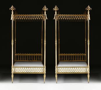 A PAIR OF ENGLISH GOTHIC REVIVAL BRASS TESTER BEDS, LATE 19TH CENTURY,: A PAIR OF ENGLISH GOTHIC REVIVAL BRASS TESTER BEDS, LATE 19TH CENTURY, the elaborate fruiting handled urn form finials over a canopy of pierced heart, quatrefoil, fan, and palmette frieze, on fluted p