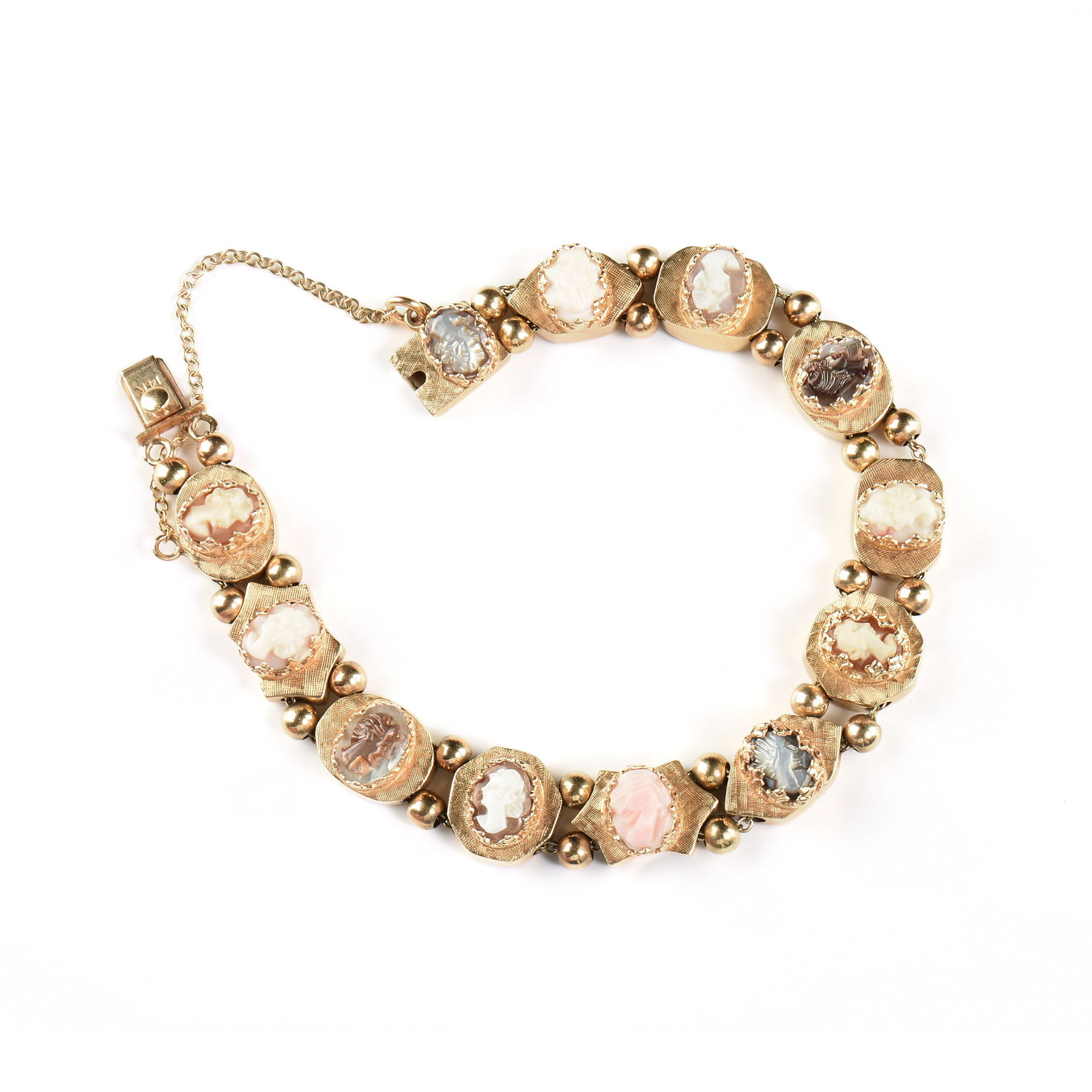 A "GRAND TOUR" 14K YELLOW GOLD ABALONE AND SHELL CAMEO BRACELET, PROBABLY ITALIAN, LATE 19TH/EARLY (1 of 2)