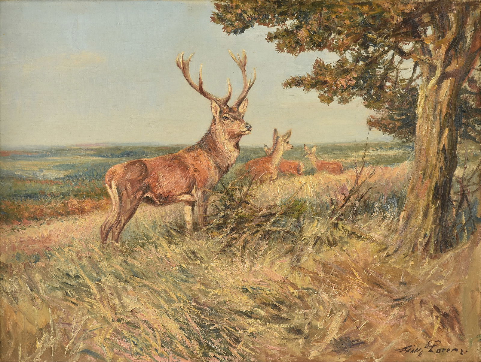 WILLI LORENZ (German 1901-1981) A PAINTING, "A Stag and Three Does," 20TH CENTURY, (1 of 12)