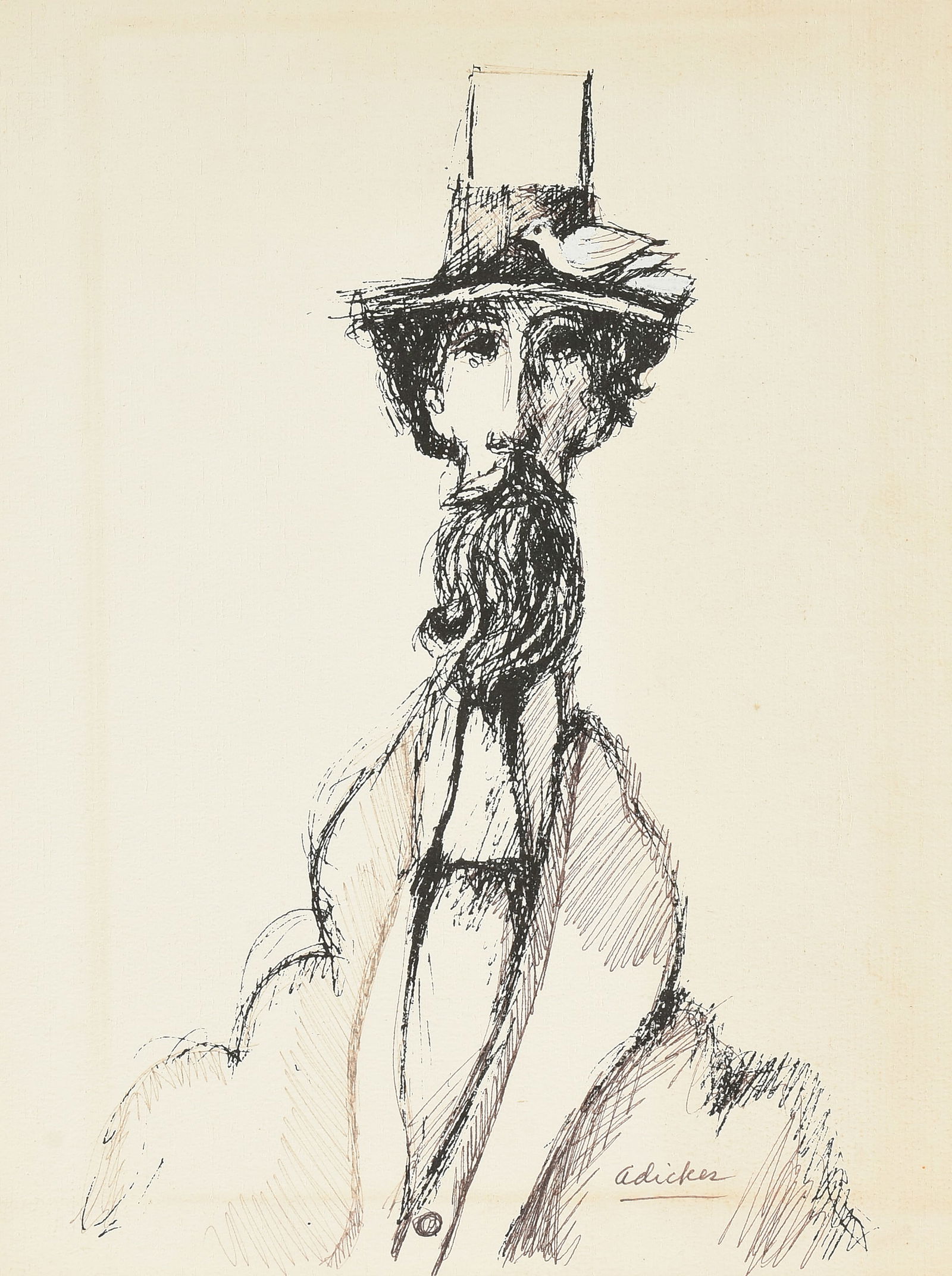 DAVID ADICKES (American/Texas b. 1927) A DRAWING, "Gentleman in a Top Hat," LATE 20TH CENTURY,: DAVID ADICKES (American/Texas b. 1927) A DRAWING, "Gentleman in a Top Hat," LATE 20TH CENTURY, pen and ink with white heightening on paper, signed L/R, "Adickes;" 11 3/4" x 8", framed 19" x 15". Prove