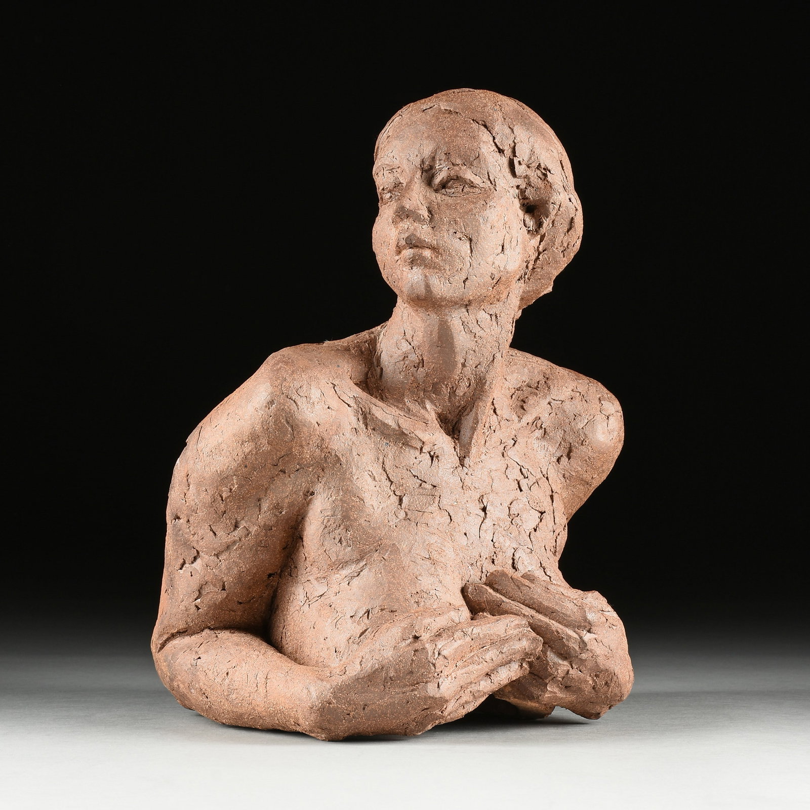 MIREILLE LEMARCHAND (French/American b. 1943) A SCULPTURE, "Surprise," 1999,: MIREILLE LEMARCHAND (French/American b. 1943) A SCULPTURE, "Surprise," 1999, terracotta, signed and dated on lower back, "LEMARCHAND 99." Height: 15" Width: 12" Depth:10" Provenance: Estate of Donald 