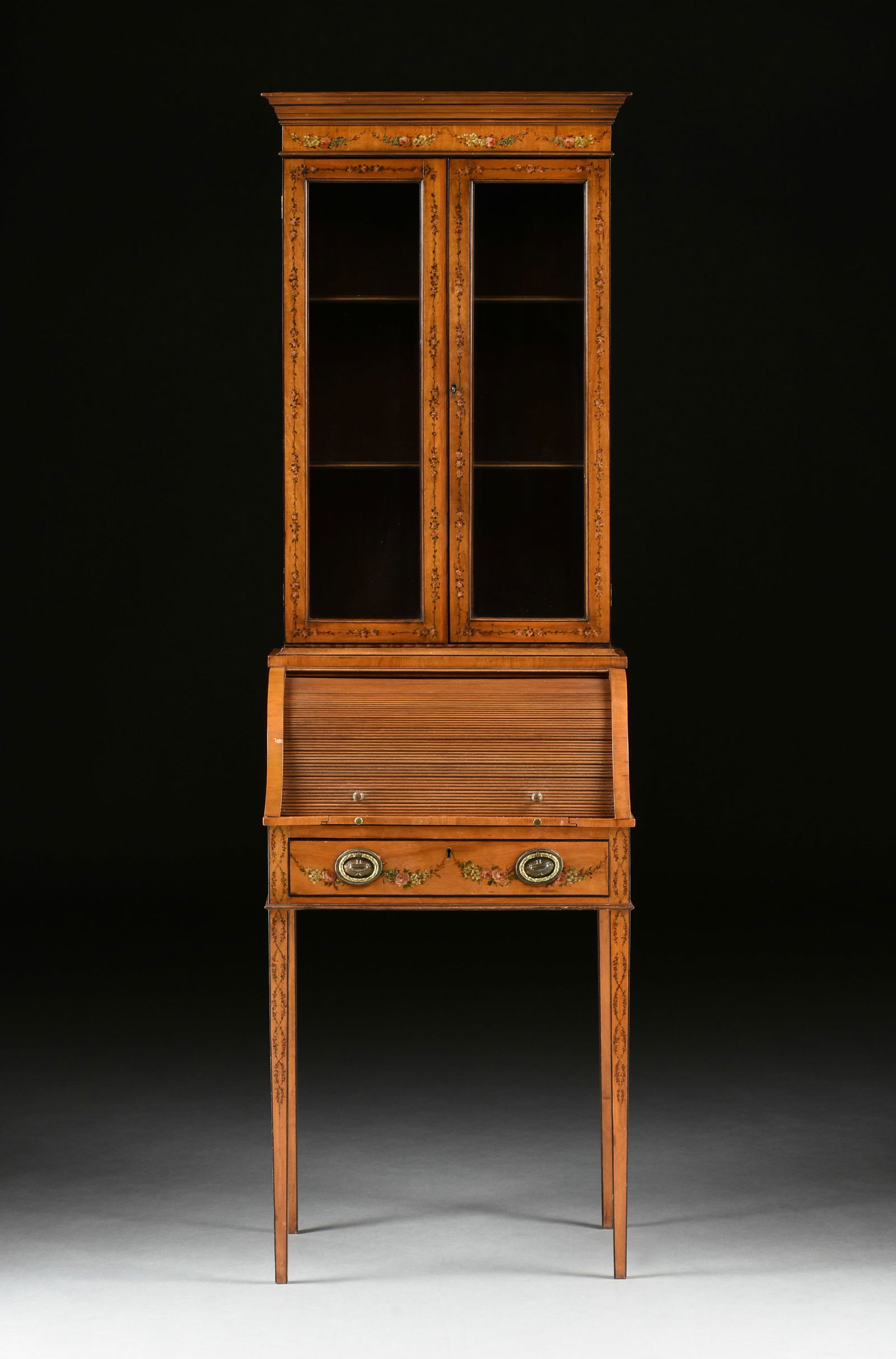 AN EDWARDIAN NEOCLASSICAL PAINTED SATINWOOD TAMBOUR BONHEUR DU JOUR, ENGLISH, EARLY 20TH CENTURY, (1 of 14)