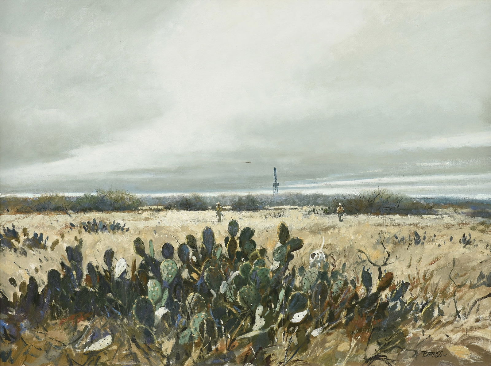 AL BARNES (American/Texas 1937-2015) A PAINTING, "Hunters with Oil Derrick," CIRCA 1970s, (1 of 15)