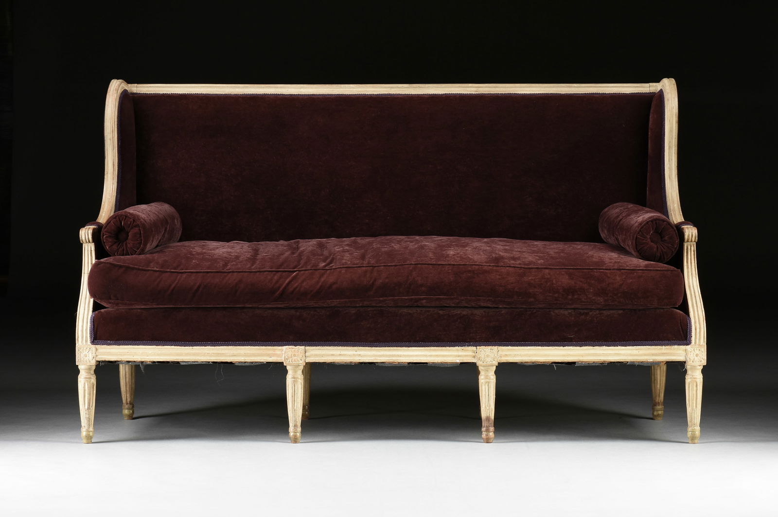 A LOUIS XVI STYLE PAINTED AND UPHOLSTERED CANAPÉ À OREILLE, LATE 18TH CENTURY, (1 of 7)