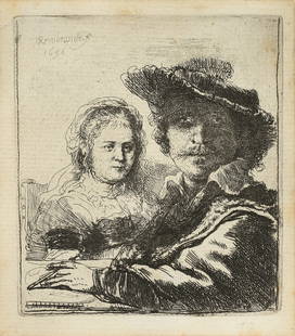 REMBRANDT VAN RIJN (Dutch 1606-1669) "Self-Portrait with Saskia," 1636,: REMBRANDT VAN RIJN (Dutch 1606-1669) "Self-Portrait with Saskia," 1636, etching on laid paper, with margins, 4 3/4" x 4 1/8", framed 21" x 20 1/4". Literature: Bartsch 19, Hollstein 19, Hind 144, New