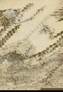ALBRECHT DURER (German 1471-1528) "Nemesis (The Great Fortune)," 1502,: ALBRECHT DURER (German 1471-1528) "Nemesis (The Great Fortune)," 1502, engraving on laid paper, the second state of two, a Gerhard Wurzer Gallery, Houston, Texas, paper label on reverse backing; 13" x
