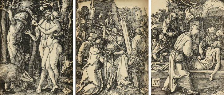 ALBRECHT DURER (German 1471-1528) THREE PRINTS FROM, "The Small Passion," 1509-1511,: ALBRECHT DURER (German 1471-1528) THREE PRINTS FROM, "The Small Passion," 1509-1511, woodcuts on paper including, "Adam and Eve," "Christ Bearing the Cross," and "The Entombment," framed separately, i