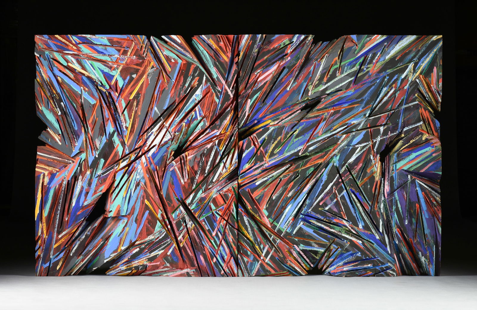 CHARLES ARNOLDI (American b. 1946) A DIPTYCH WALL SCULPTURE, "Quiet Enemies," 1984,: CHARLES ARNOLDI (American b. 1946) A DIPTYCH WALL SCULPTURE, "Quiet Enemies," 1984, acrylic on wood panels, signed and dated on reverse across both panels, "ARNOLDI / 1984," and titled on reverse of f