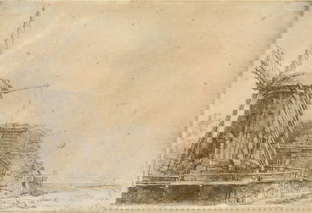 REMBRANDT VAN RIJN (Dutch 1606-1669) "The Windmill," 1641,: REMBRANDT VAN RIJN (Dutch 1606-1669) "The Windmill," 1641, etching on laid paper, a lighter impression of the only listed state, 5 3/4" x 8 1/4", framed 24 1/2" x 26 1/2". Literature: Bartsch 233, Hol