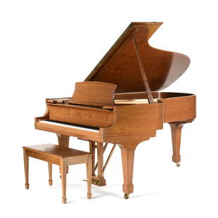 A STEINWAY GRAND MODEL B WALNUT PIANO, NEW YORK AND HAMBURG, 1984,: A STEINWAY GRAND MODEL B WALNUT PIANO, NEW YORK AND HAMBURG, 1984, spruce braces, maple dowels, cast iron treble bell with steel bolt, serial number B490500. Width: 58" Length: 84" Provenance: Collect