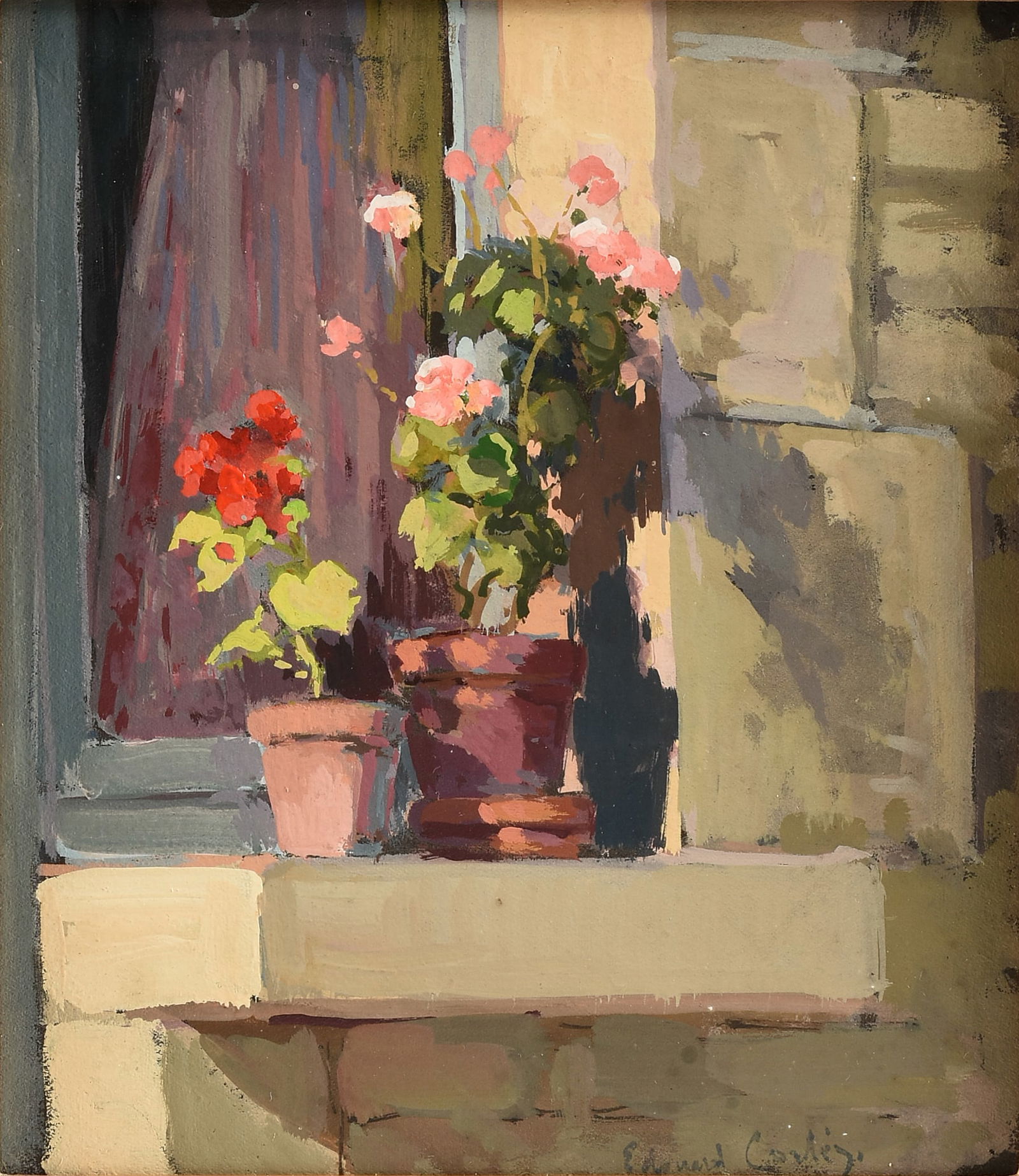 ÉDOUARD CORTÈS (French 1882-1969) A PAINTING, "View from a Window with Geraniums and Small: ÉDOUARD CORTÈS (French 1882-1969) A PAINTING, "View from a Window with Geraniums and Small Vase," CIRCA 1920-1930, oil on board, signed L/R, "Edouard Cortes;" 9 1/2" x 8 1/2", framed 13 1/4"