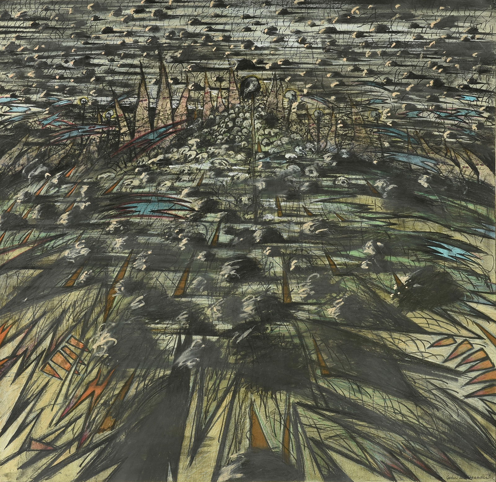 JOHN ALEXANDER (American b. 1945) A DRAWING, "Untitled Imaginary Landscape," LATE 20TH CENTURY,: JOHN ALEXANDER (American b. 1945) A DRAWING, "Untitled Imaginary Landscape," LATE 20TH CENTURY, mixed media with pastel on paper, signed L/R, "John Alexander;" 35 3/4" x 36 3/4", framed 38 3/4" x 39 3