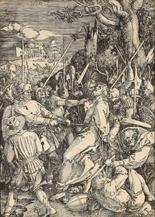 ALBRECHT DURER (German 1471-1528) "Christ Taken Captive," 1510,: ALBRECHT DURER (German 1471-1528) "Christ Taken Captive," 1510, woodcut on laid paper, from, "The Large Passion." 15 3/4" x 11 1/2" Literature: Bartsch 7; Meder 116, Hollstein 116.