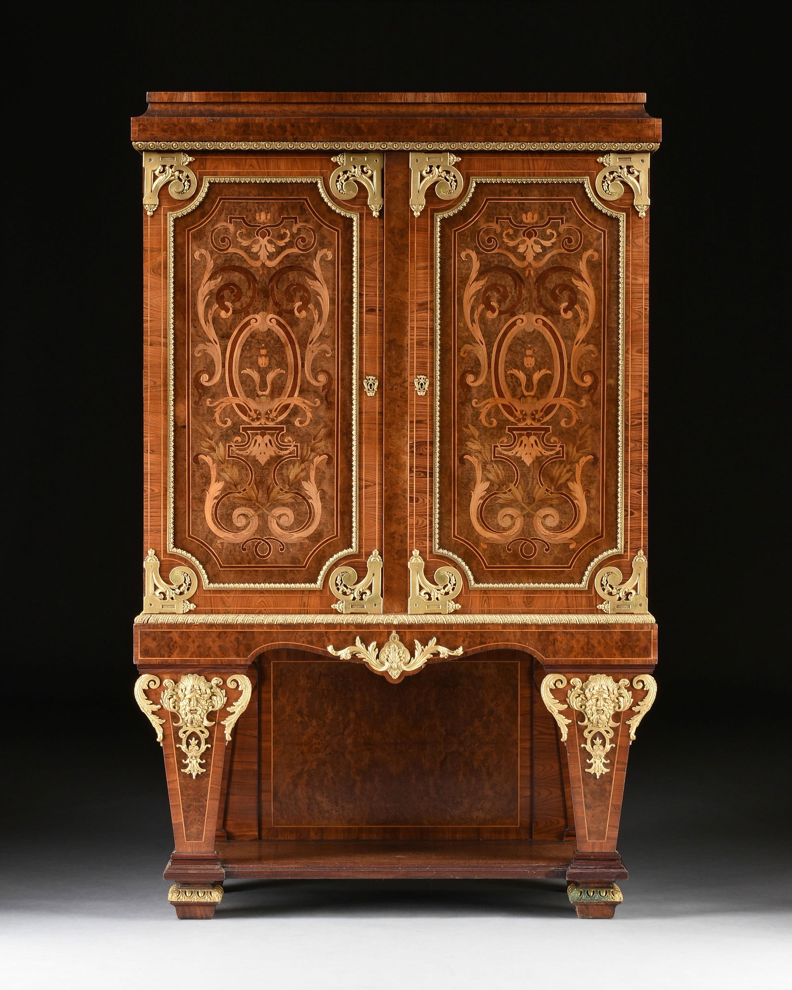 A LOUIS XIV STYLE ORMOLU MOUNTED EXOTIC WOODS MARQUETRY INLAID CABINET ON STAND, FRENCH, CIRCA 1870, (1 of 11)