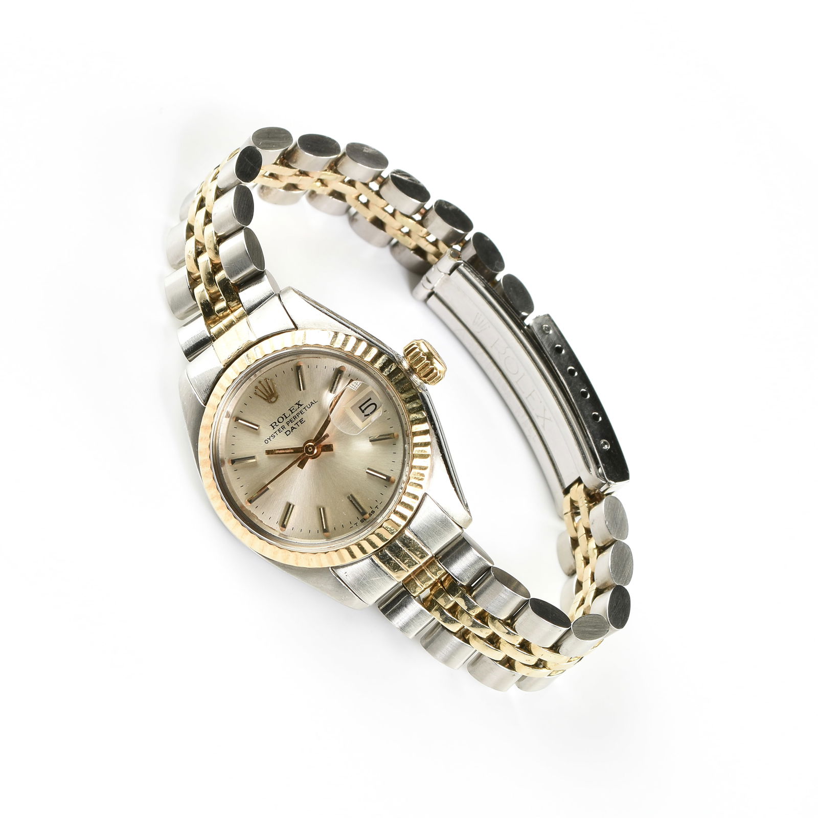 A LADY'S ROLEX OYSTER PERPETUAL DATE WRISTWATCH, (1 of 2)