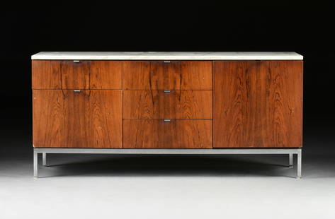 A VINTAGE "FLORENCE KNOLL" STYLE CALACATTA MARBLE, ROSEWOOD AND CHROME LOW CREDENZA, 1960s-1970s,: A VINTAGE "FLORENCE KNOLL" STYLE CALACATTA MARBLE, ROSEWOOD AND CHROME LOW CREDENZA, 1960s-1970s, the variegate white and cream rectangular marble top over a rosewood body with three central box drawe