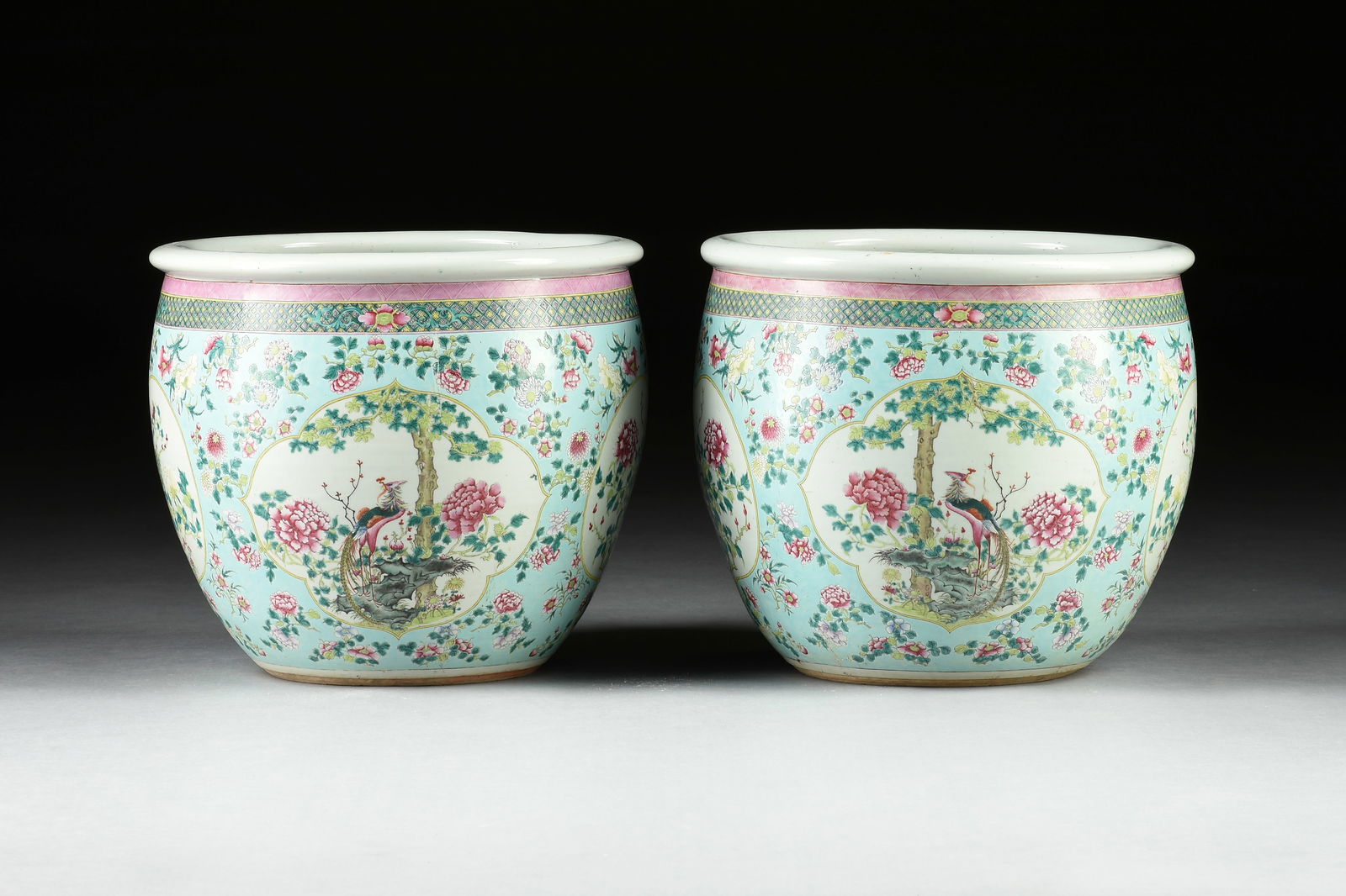 A PAIR OF QING DYNASTY FAMILLE ROSE "BIRD AND INSECT" TURQUOISE GROUND PLANTERS, CHINESE, 19TH (1 of 7)