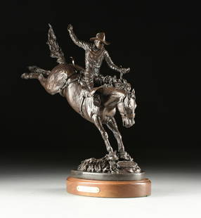 EDD HAYES (American/Texas b. 1945) A BRONZE SCULPTURE, "Cap N' Necktie,": EDD HAYES (American/Texas b. 1945) A BRONZE SCULPTURE, "Cap N' Necktie," the patinated cast bronze cowboy riding a bucking bronco on a shaped oval stylized groundwork base, artist signed and incised i