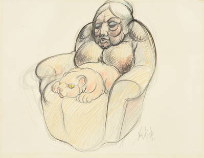 LUIS JIMENEZ (American/Texas 1940-2006) A DRAWING, "Study for Woman with Cat," 1969,: LUIS JIMENEZ (American/Texas 1940-2006) A DRAWING, "Study for Woman with Cat," 1969, colored pencil drawing, signed and dated L/R, "Luis Jimenez / 69," a Moody Gallery, Houston, Texas, label on revers