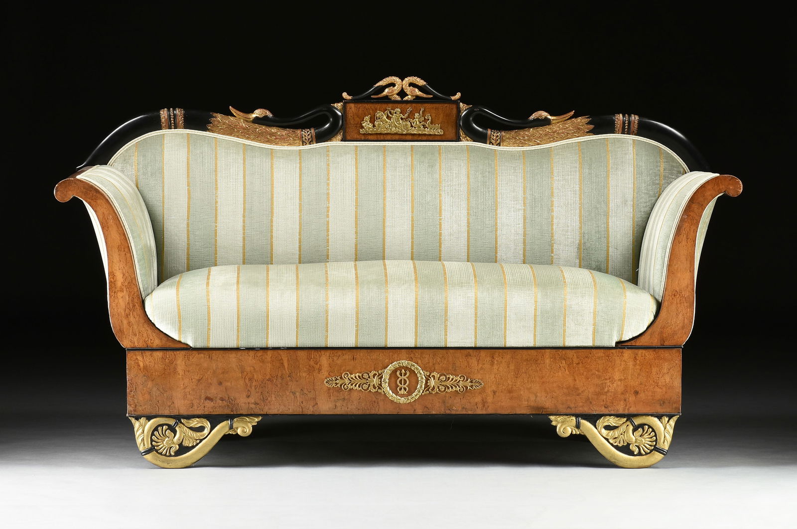 AN EMPIRE GILT LACQUERED BURL WALNUT SETTEE, POSSIBLY RUSSIAN/BALTIC STATES, FIRST HALF 19TH (1 of 10)
