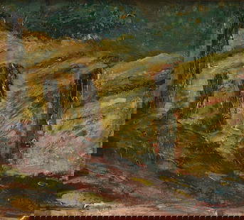JOAQUIN CLAUSELL (Mexican 1866-1935) A PAINTING, "Mexican Landscape," EARLY 20TH CENTURY,: JOAQUIN CLAUSELL (Mexican 1866-1935) A PAINTING, "Mexican Landscape," EARLY 20TH CENTURY, oil on artist board, signed L/R, "J. Clausell;" 8 3/4" x 9 3/4", framed 10" x 11".