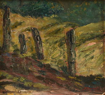 JOAQUIN CLAUSELL (Mexican 1866-1935) A PAINTING, "Mexican Landscape," EARLY 20TH CENTURY,: JOAQUIN CLAUSELL (Mexican 1866-1935) A PAINTING, "Mexican Landscape," EARLY 20TH CENTURY, oil on artist board, signed L/R, "J. Clausell;" 8 3/4" x 9 3/4", framed 10" x 11".