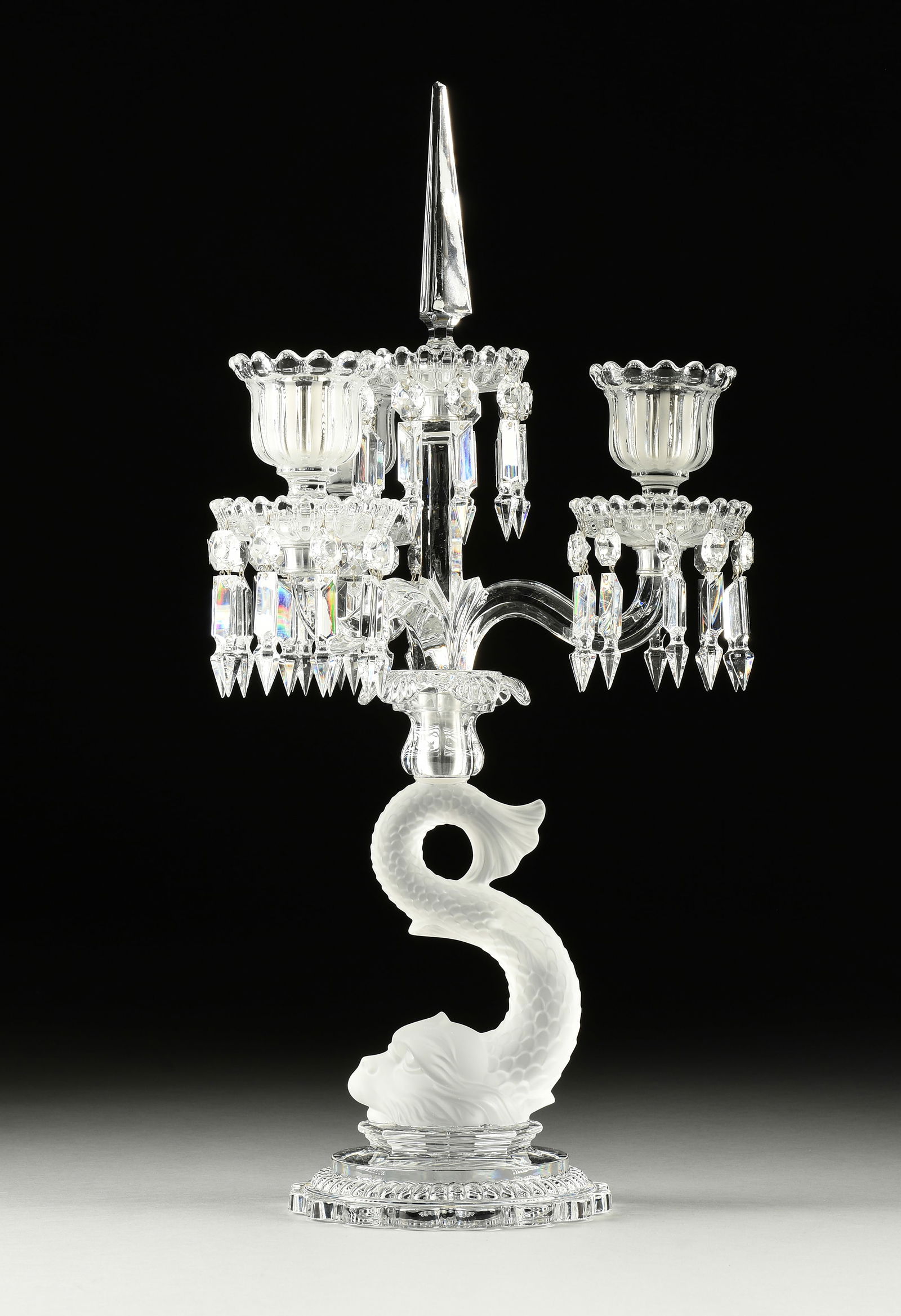 A BACCARAT CRYSTAL DOLPHIN THREE-LIGHT CANDELABRA, MARKED, FRENCH, 20TH CENTURY, (1 of 10)