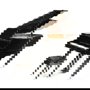 A JAPANESE "TOKAI GAKKI" BABY GRAND PIANO, HAMAMATSU, LAST HALF 20TH CENTURY,: A JAPANESE "TOKAI GAKKI" BABY GRAND PIANO, HAMAMATSU, LAST HALF 20TH CENTURY, with mirror polish ebony finish, the interior with maple and mahogany lined with a maroon rope twist brocade trim, cast in