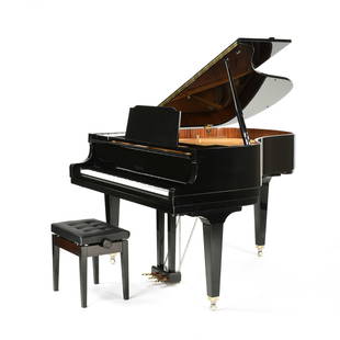 A JAPANESE "TOKAI GAKKI" BABY GRAND PIANO, HAMAMATSU, LAST HALF 20TH CENTURY,: A JAPANESE "TOKAI GAKKI" BABY GRAND PIANO, HAMAMATSU, LAST HALF 20TH CENTURY, with mirror polish ebony finish, the interior with maple and mahogany lined with a maroon rope twist brocade trim, cast in