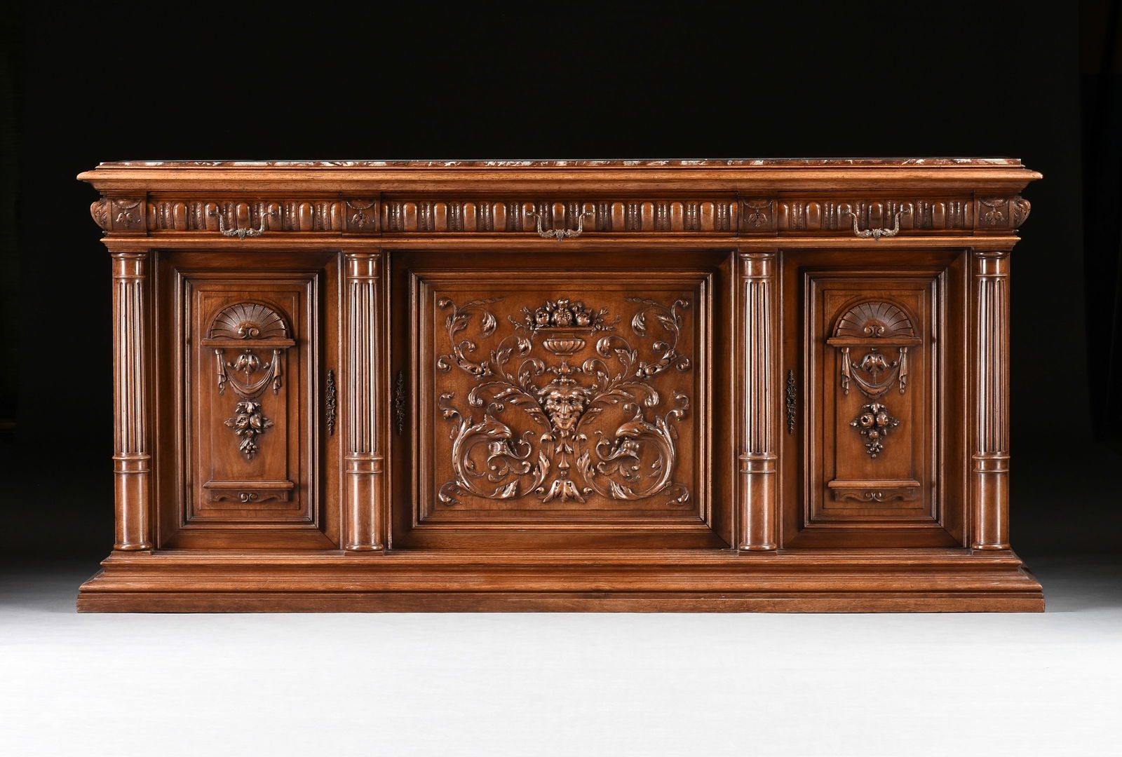 A FRENCH RENAISSANCE REVIVAL MARBLE-TOPPED WALNUT BUFFET, CIRCA 1900, (1 of 13)