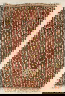 AN ANATOLIAN KILIM PRAYER RUG, "RAM HEADS AND HOOKS," TURKEY, 19TH/20TH CENTURY,: AN ANATOLIAN KILIM PRAYER RUG, "RAM HEADS AND HOOKS," TURKEY, 19TH/20TH CENTURY, natural vegetable dyed knotted wool, in olive greens, cream, red, and orange; 67 1/2" x 44 1/4", linen backed 70" x 47