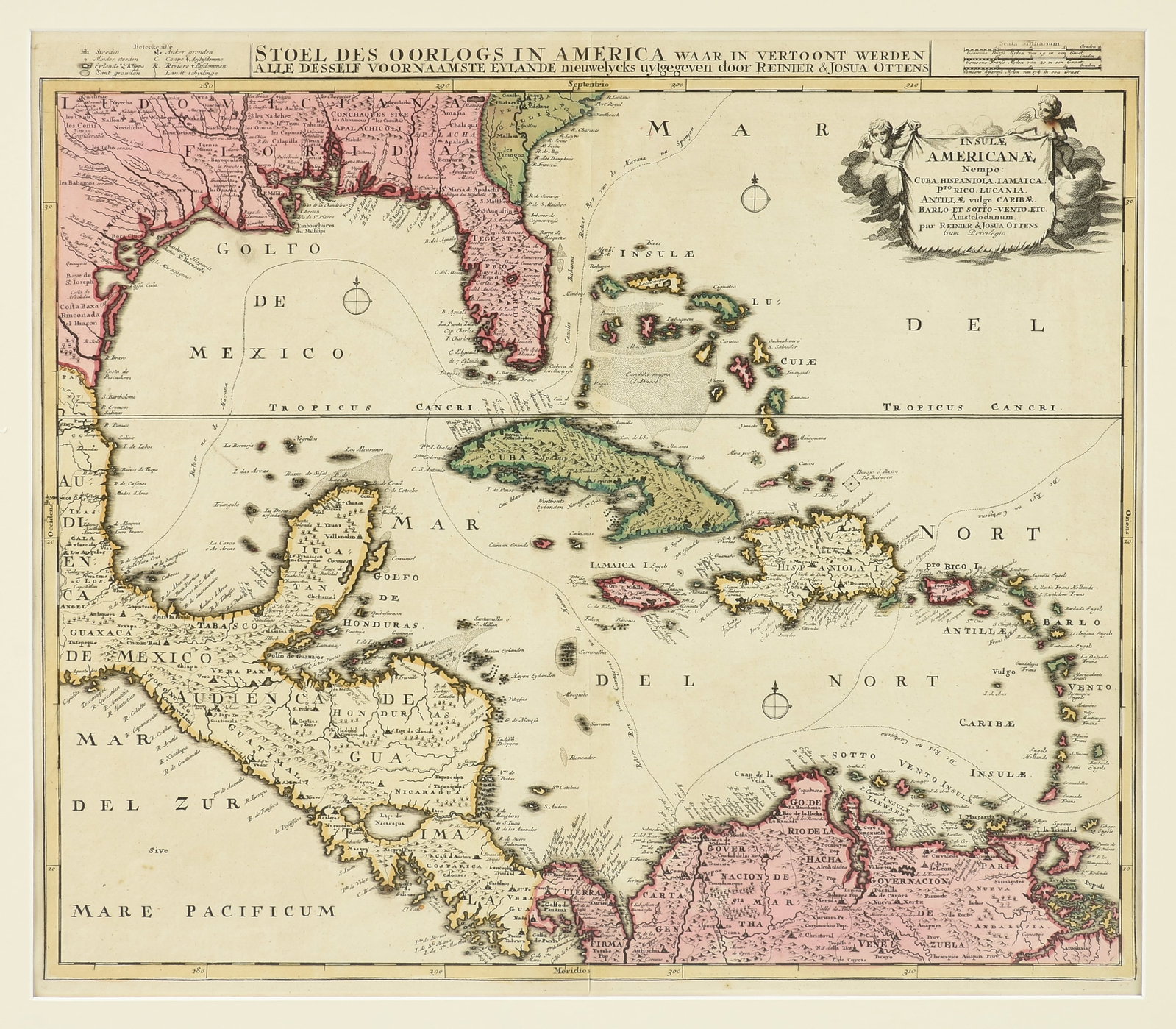 A DUTCH MAP OF THE GULF OF MEXICO AND THE CARIBBEAN, "Stoel des Oorlogs in America," CIRCA 1730,: A DUTCH MAP OF THE GULF OF MEXICO AND THE CARIBBEAN, "Stoel des Oorlogs in America," CIRCA 1730, copper plate engraving with hand-coloring, published by Reinier and Josua Ottens in Amsterdam; 20" x 22