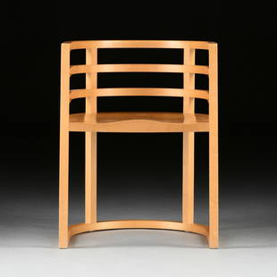 RICHARD MEIER PRE-PRODUCTION 810A ARMCHAIR FOR KNOLL, CIRCA 1982,: RICHARD MEIER PRE-PRODUCTION 810A ARMCHAIR FOR KNOLL, CIRCA 1982, the maple "D" shaped barrel back with four stiles joined by curved wood back joined by through tenon construction surrounds a three bo