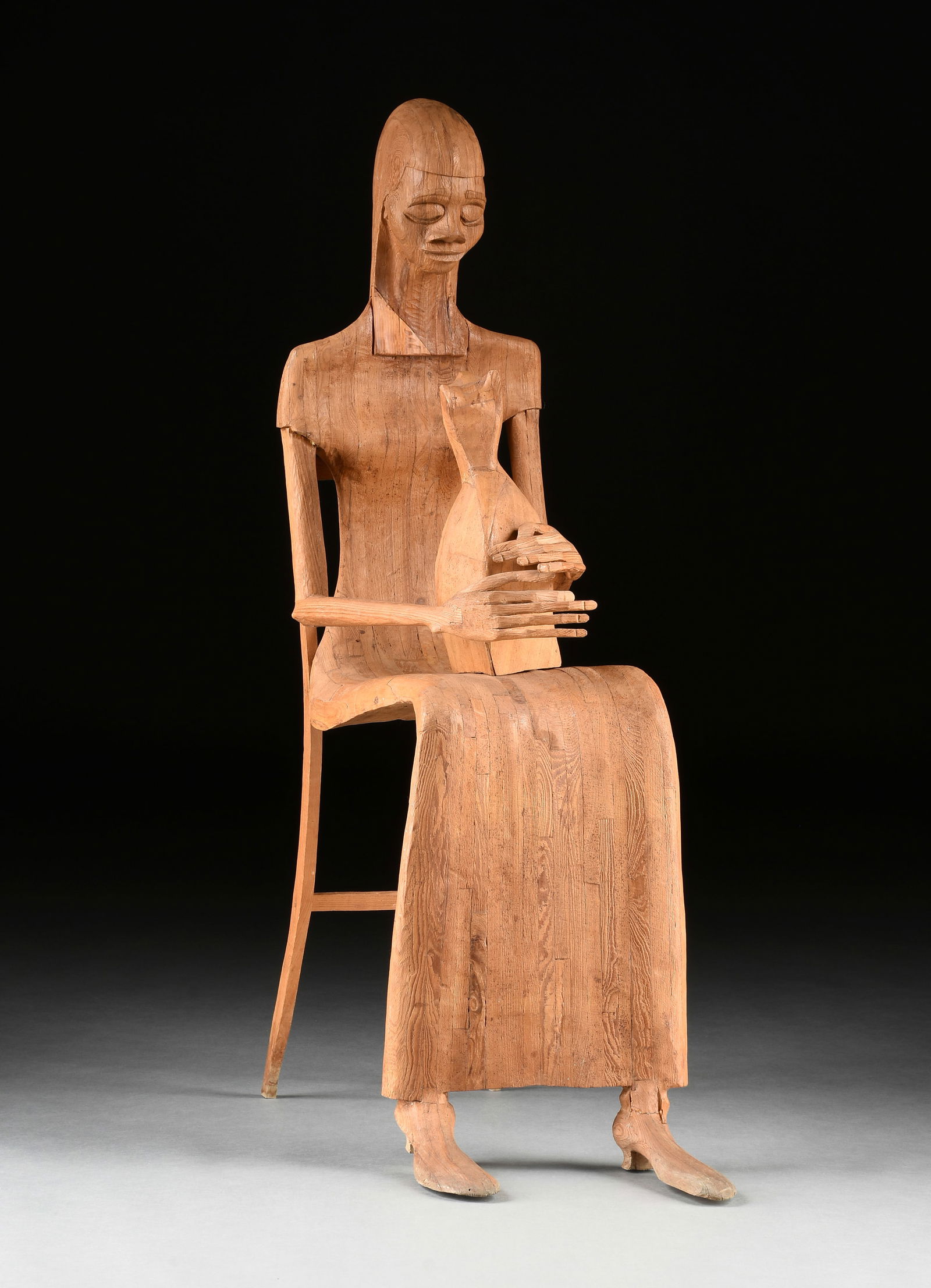 A MODERNIST FOLK ART SCULPTURE, "Woman Chair Petting a Cat," MID/LATE 20TH CENTURY, (1 of 9)