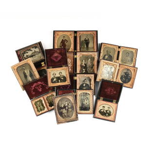 SEVENTEEN DAGUERREOTYPE, AMBROTYPE, AND TINTYPE PHOTOGRAPHS, AMERICAN, 1860-1900,: SEVENTEEN DAGUERREOTYPE, AMBROTYPE, AND TINTYPE PHOTOGRAPHS, AMERICAN, 1860-1900, in elaborate relief gutta percha or leather and wood cases with repoussé gilt liners, comprising a collection inc