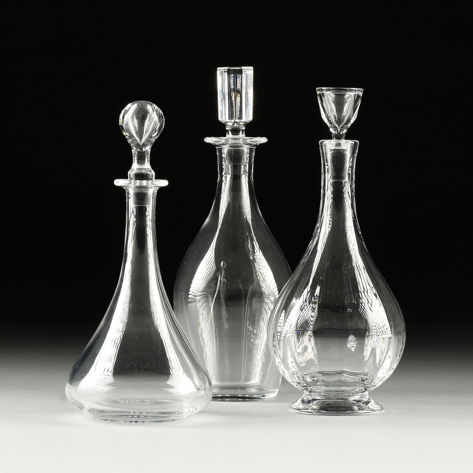 THREE FRENCH BACCARAT CLEAR CRYSTAL DECANTERS, EACH MARKED, 20TH CENTURY, (1 of 11)