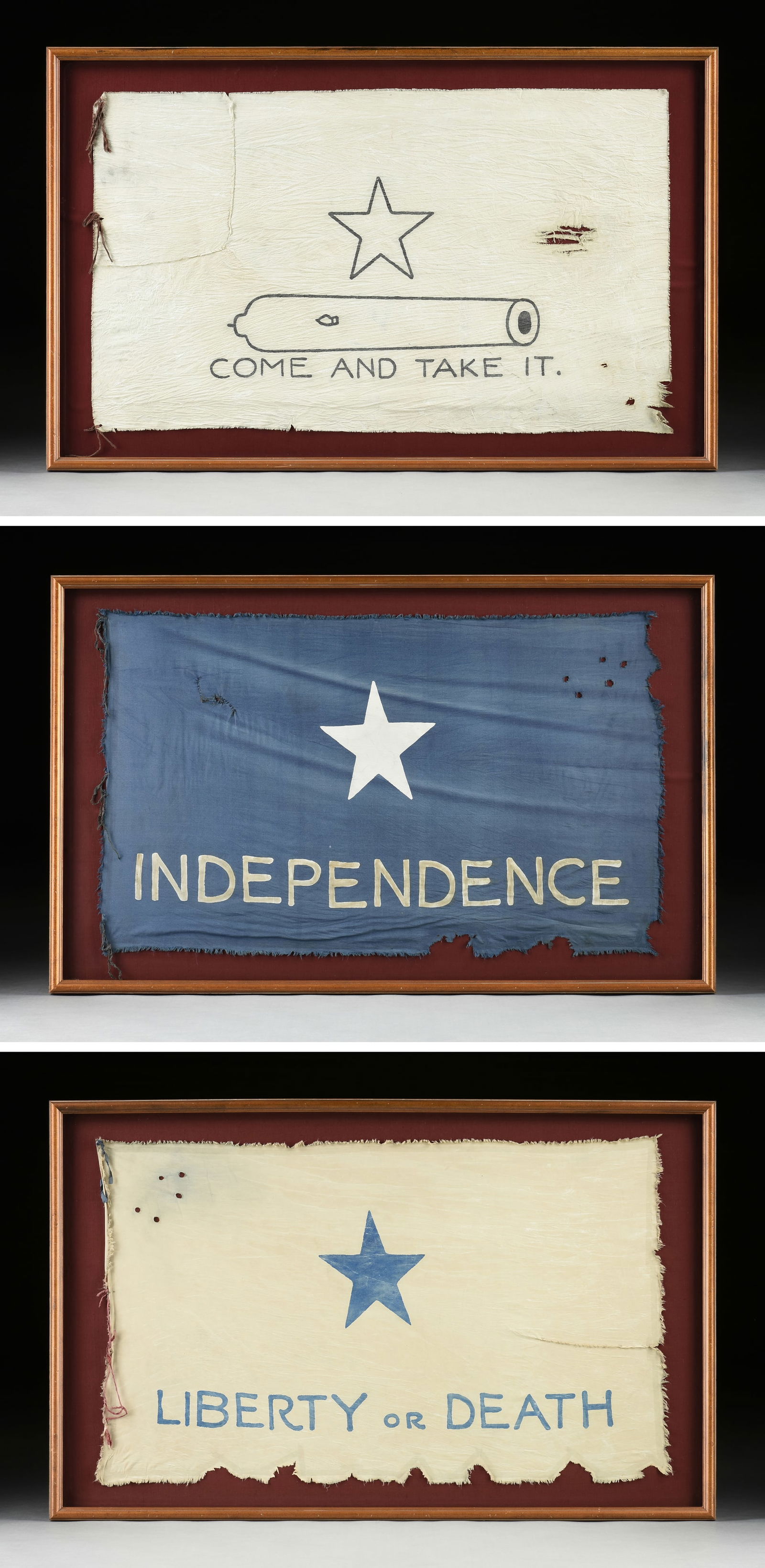 THREE COMMEMORATIVE TEXAS FLAGS INCLUDING THE GONZALES FLAG, CAPTAIN SCOTT'S FLAG, AND THE TROUTMAN, (1 of 10)