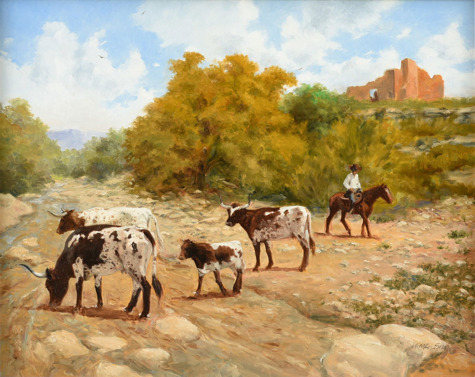 CHARLES WILLIAM SHAW (American/Texas 1941-2005) A PAINTING, "Longhorns at the Creek," LATE 20TH (1 of 12)