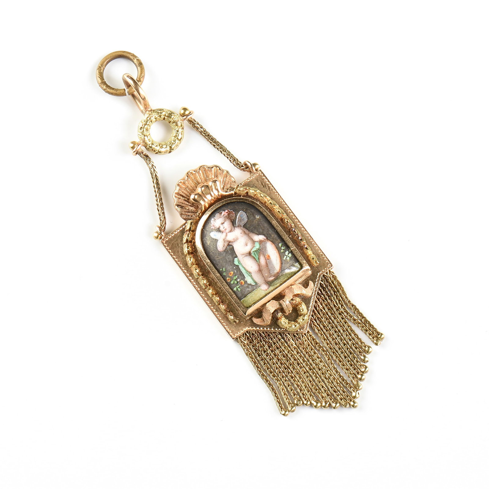 A VICTORIAN 14K YELLOW GOLD ENAMELED PORCELAIN "FAIRY CHILD" FRINGE PENDANT, ENGLISH, 1850s-1900,: A VICTORIAN 14K YELLOW GOLD ENAMELED PORCELAIN "FAIRY CHILD" FRINGE PENDANT, ENGLISH, 1850s-1900, in the Baroque revival taste, a Neoclassical wreath suspends a plaque centering a coquille shell fan w