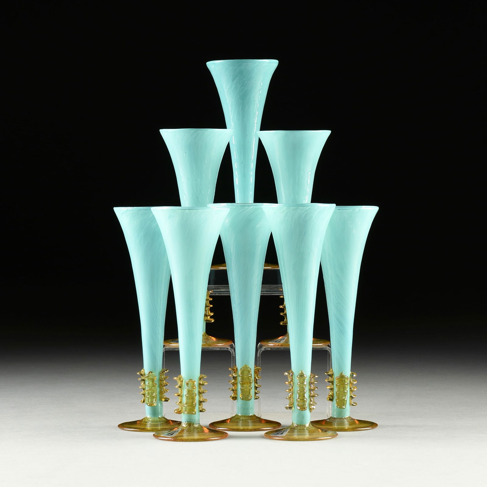 A SET OF SIXTEEN BOHEMIAN ART DECO STYLE ART GLASS CHAMPAGNE FLUTES, ABIGAILS, CZECH REPUBLIC, LATE (1 of 5)