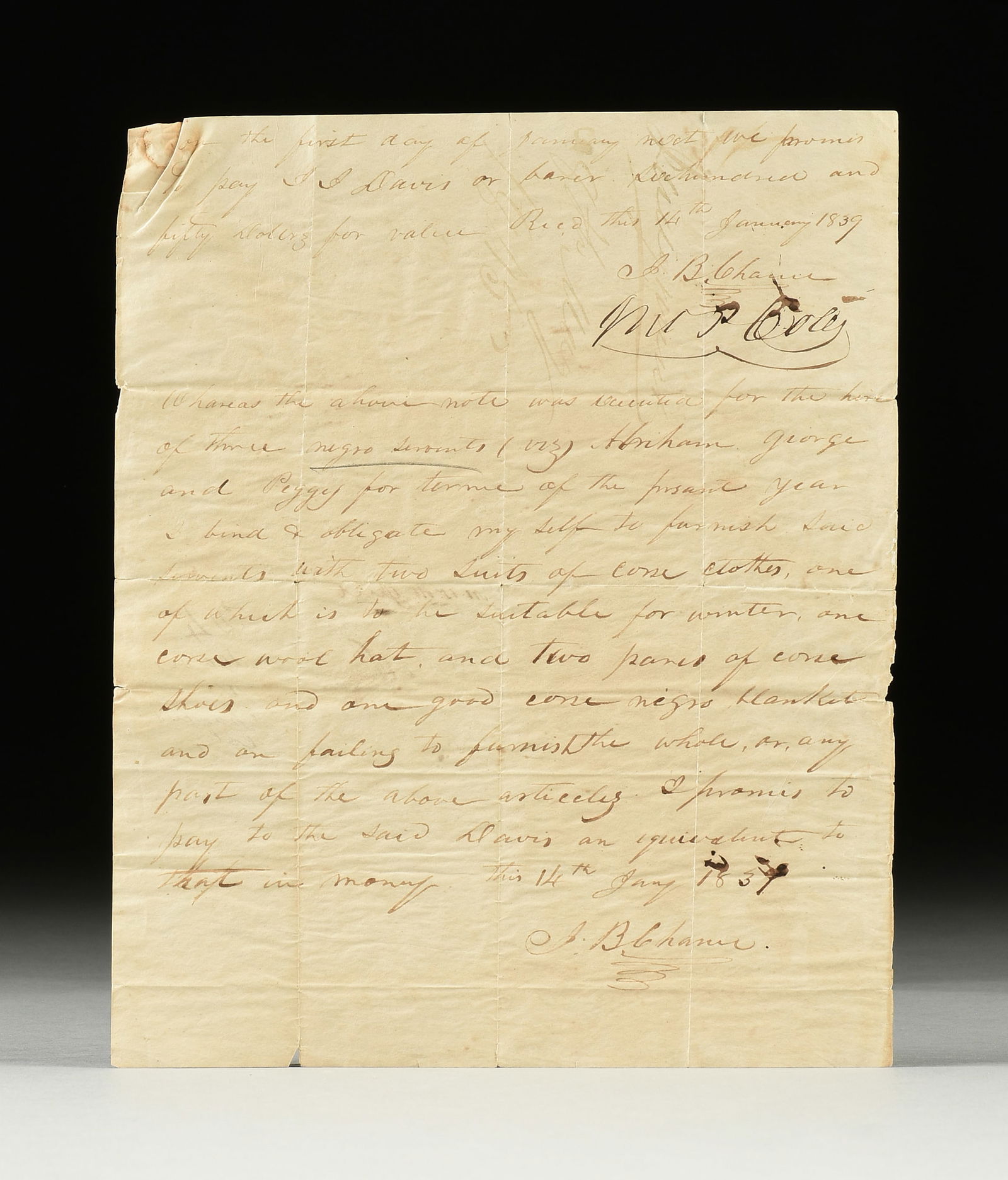 A TEXAS REPUBLIC SLAVE CONTRACT, JOHN P. COLES AND JOSEPH BELL CHANCE VIZ ABRAHAM, GEORGE AND PEGGY, (1 of 3)