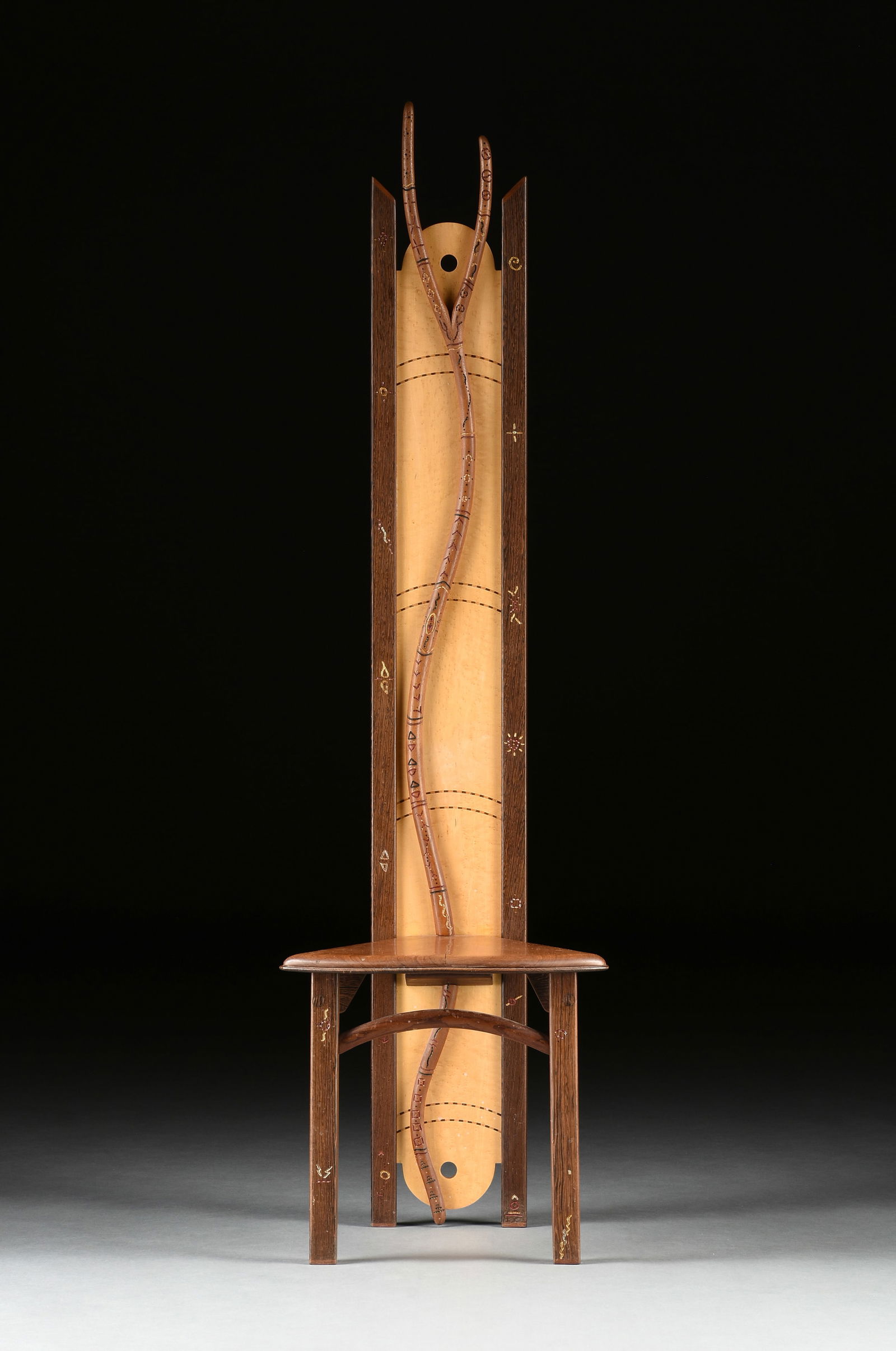 A POSTMODERN CRAFT STUDIO ZEBRA WOOD, MAPLE, AND TEAK HALL CHAIR, 20TH CENTURY, (1 of 7)