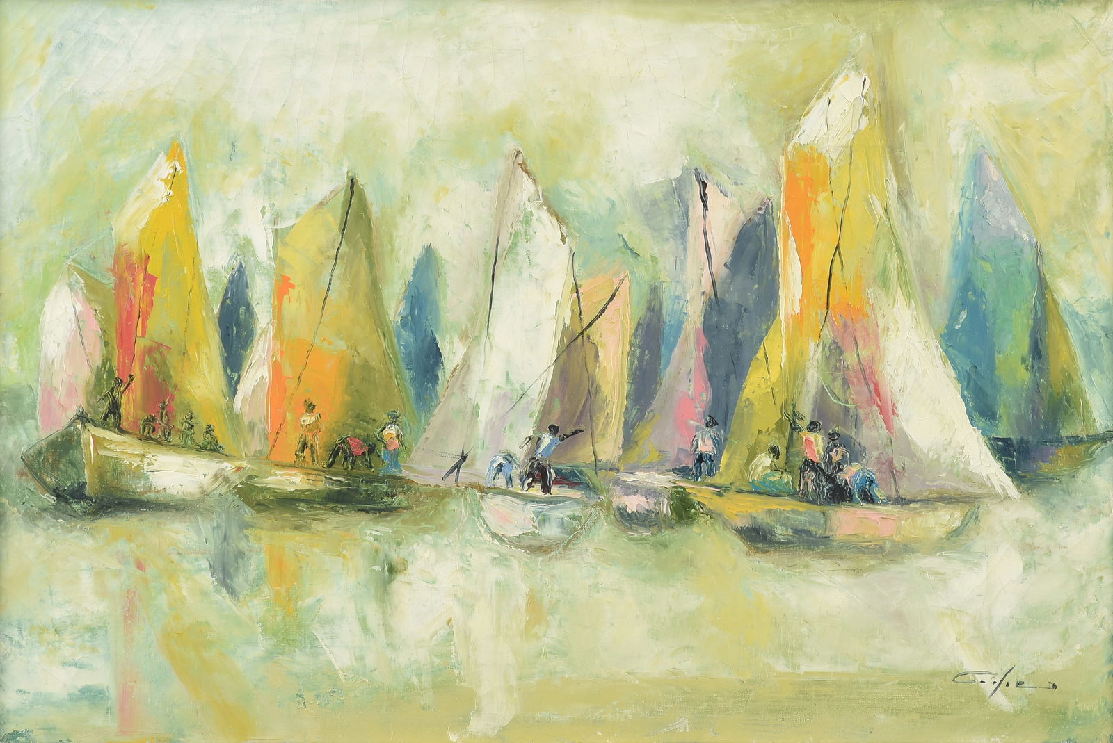 DIEUDONNE L. CEDOR (Haitian 1925 - 2010)  A PAINTING, "Fishermen Working in Sailboats," LATE 20TH (1 of 13)