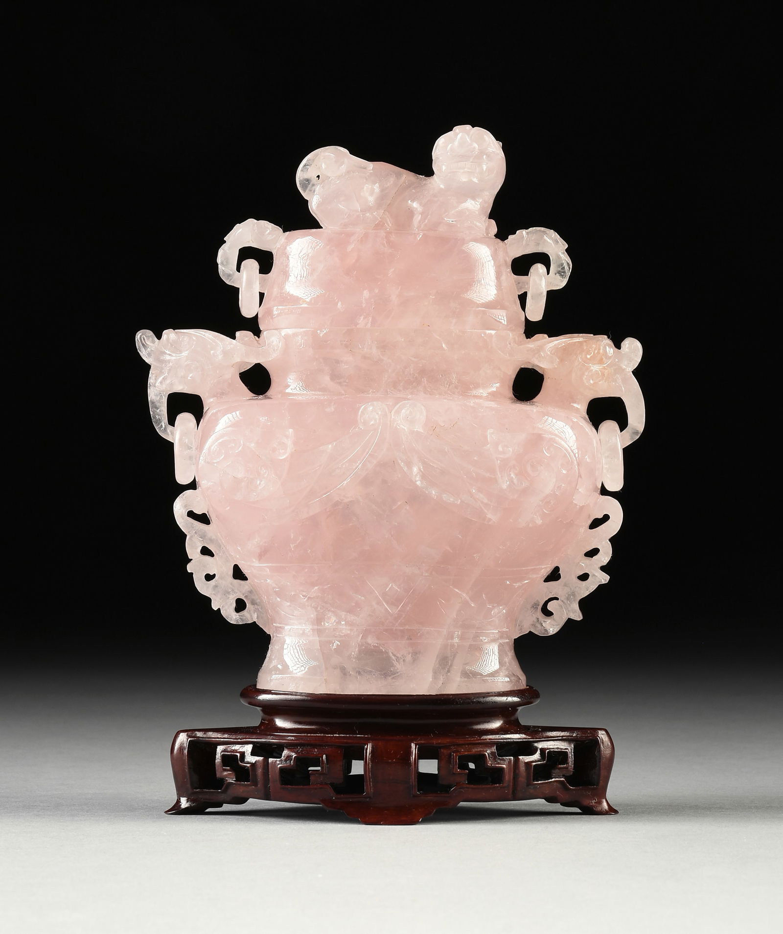 A CHINESE ROSE QUARTZ LIDDED "CELESTIAL ELIXIR" JAR, 20TH CENTURY, (1 of 9)