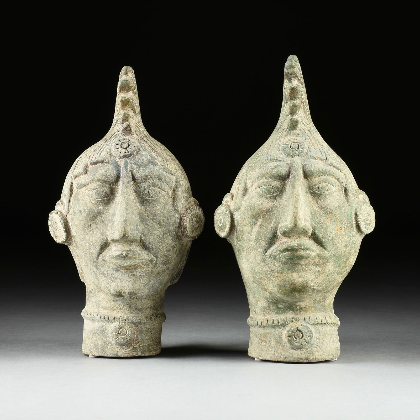 PAIR OF LARGE MAYAN STYLE PAINTED TERRACOTTA BUSTS, CENTRAL AMERICAN, MODERN, (1 of 10)