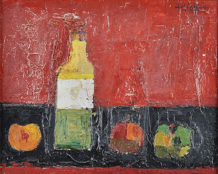 DAVID ADICKES (American b. 1927) A PAINTING, "Corke: DAVID ADICKES (American b. 1927) A PAINTING, "Corked Bottle on Black and Red," oil on canvasboard, signed U/R. 11 1/2" x 14 1/2". Framed.