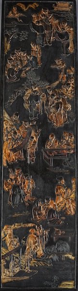A LARGE VINTAGE CHINESE PARCEL GILT CARVED AND MOLD: A LARGE VINTAGE CHINESE PARCEL GILT CARVED AND MOLDED INK CAKE, 20TH CENTURY, of rectangular form and enclosing the immortals at various pursuits set amidst ancient pines and willow trees reversing to