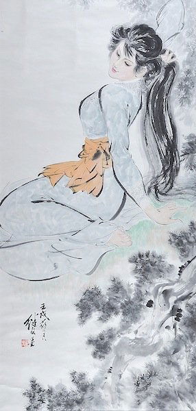 attributed to JIYOU LIU (Chinese 1918-1983) A PAINT: attributed to JIYOU LIU (Chinese 1918-1983) A PAINTING, "Dancing Maiden," watercolor and ink on paper, signed L/L. 52 1/4" x 25 3/8". Framed. Exhibited: Lotus Gallery, Austin, Texas, January 27-28, 20