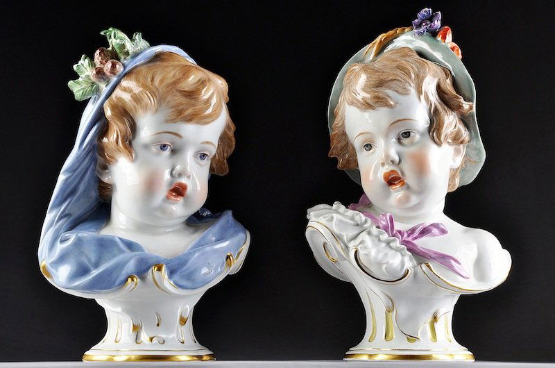 A MATCHED PAIR OF MEISSEN ALLEGORICAL BUSTS OF A G: A MATCHED PAIR OF MEISSEN ALLEGORICAL BUSTS OF A GIRL AND BOY, BLUE CROSSED SWORDS MARKS, 19TH CENTURY, the girl modeled as Summer, with head turned dexter and nicely detailed wavy hair beneath a ribb